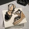 One-word sandals, new super soft glossy straps, waterproof table, super high rivets, women's high-heeled wedge sandals.