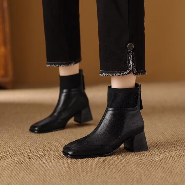 Brown retro fashion thick heel square head short boots women's autumn and winter high heel knitted wool fashion thin boots