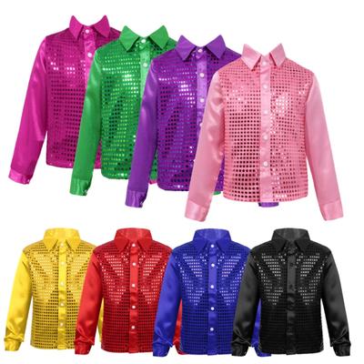 Camicia elegante per bambini con paillettes lucide a maniche lunghe abbottonata Camicie da discoteca anni '70 Costume da festa danzante