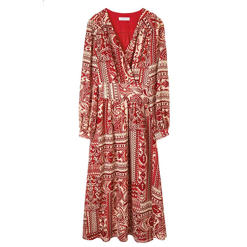 Shangdubila Red Floral V-Neck Midi Dress