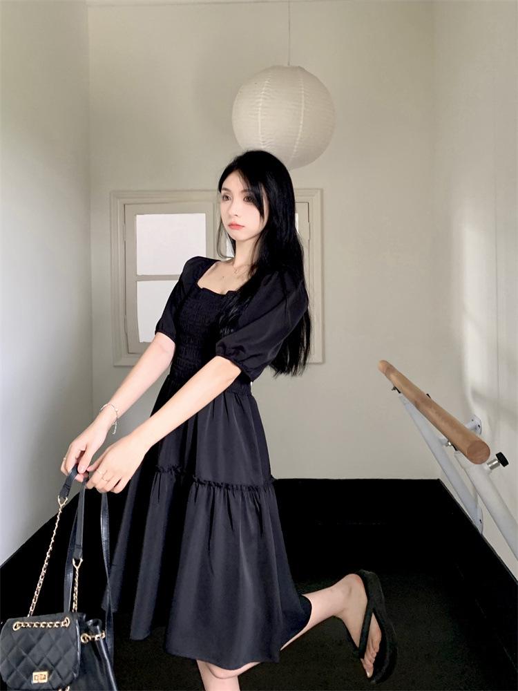 Plus Size French Bubble Sleeve Square Neck Summer Dress - Slimming Hepburn Style Little Black Dress