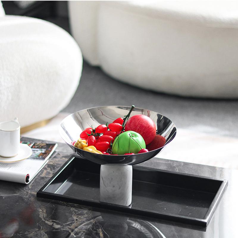 Marble Base Decorative Tray, Stainless Steel Tableware, High Footed Fruit Tray, Ornaments, Large Fruit Bowls, Kitchen Utensils
