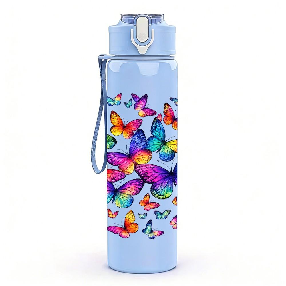 1PC Rainbow Butterfly Splash Abstract Print 750ml Color Plastic Sports Water Bottle Leakproof Flip Straw Lid Suitable for Sports Office Home Use