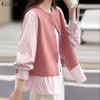 ZANZEA Women Casual Round Neck Splice Long Sleeve Loose Blouse