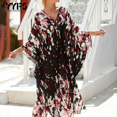 Abiti casual da donna alla moda per vacanze estive e primaverili, colore nero e rosso, stampa, manica lunga, scollo a V