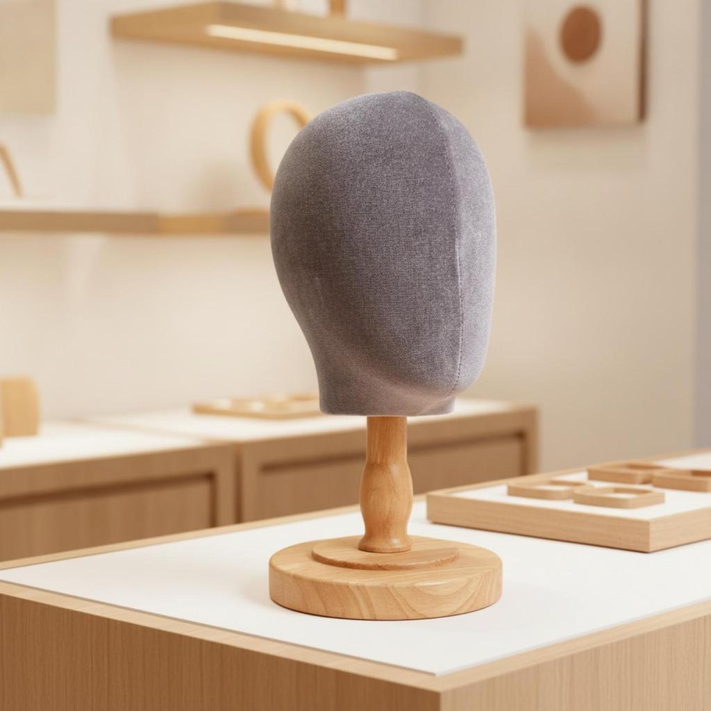 Velvet Mannequin Head Professional with Wooden Base Stable PinReceptive Hairpiece