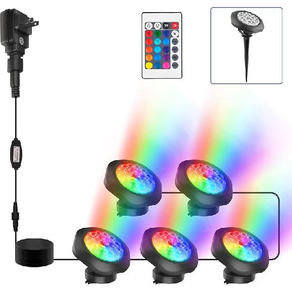 RGBW Pond Lights with Timer, 18 LED Super Bright Underwater Submersible Fountain Lights Color Changing Spotlights, Remote Control IP68 Waterproof for