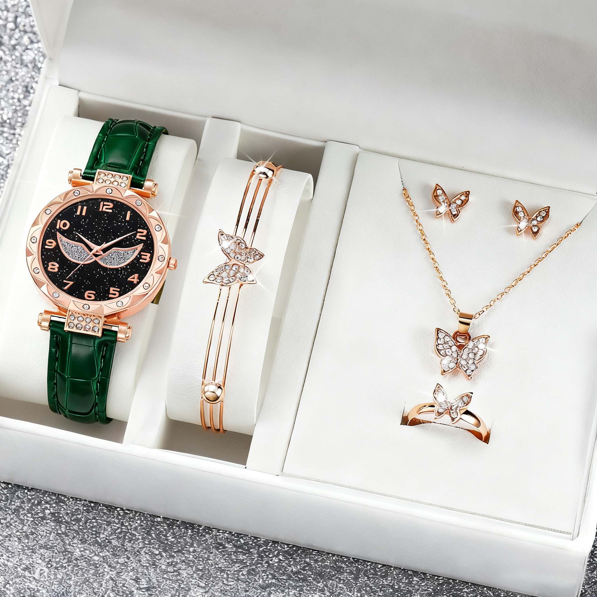 

Fashionable simple alloy diamond-encrusted women s quartz watch and jewelry 6-piece set, suitable for daily wear, Christmas and кофейный