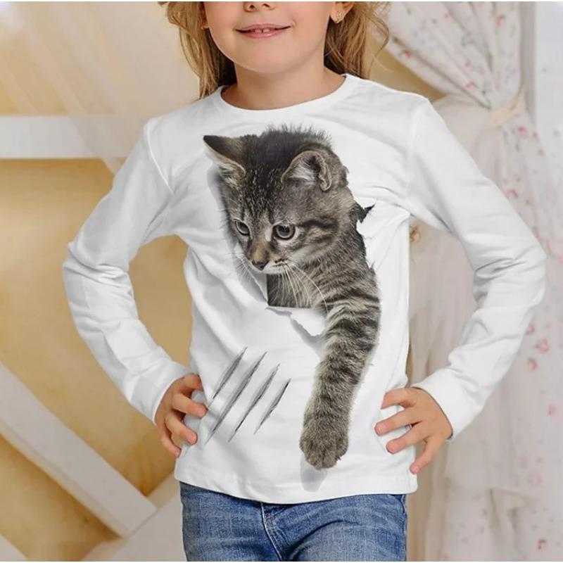 3D Pattern Cat T-shirt Long Sleeve Printed Fun Children's Girls' Top