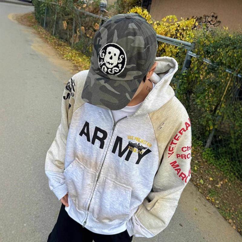 Mens Oversized Distressed Two-Piece Hooded Zip-Up Sweatshirt Winter Thick Cotton Streetwear