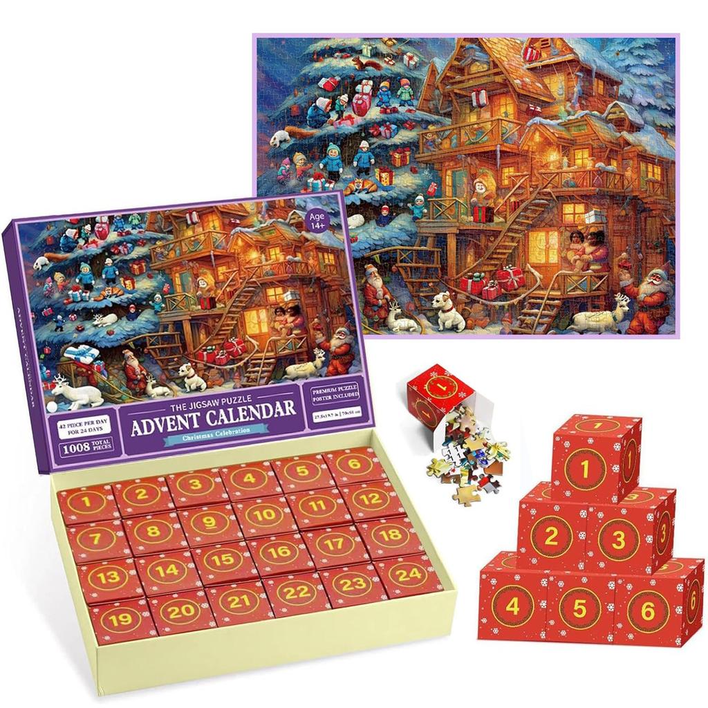 Vánoční adventní kalendář Puzzle 1008 dílků, Vánoční odpočítávací puzzle Hračka, děti Vánoční dárek Dárek k narozeninám