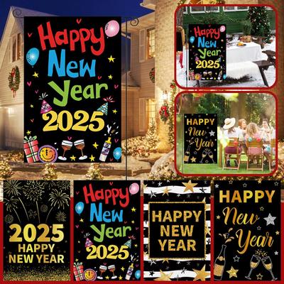 Bandera de jardín de Año Nuevo, celebración de Nochevieja, fiesta de invierno, patio interior y exterior, bandera decorativa