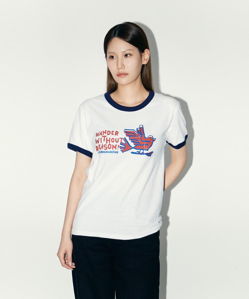 Laipeutaimkollegtibeu Ringer Bird Short Sleeve T-Shirt White Navy