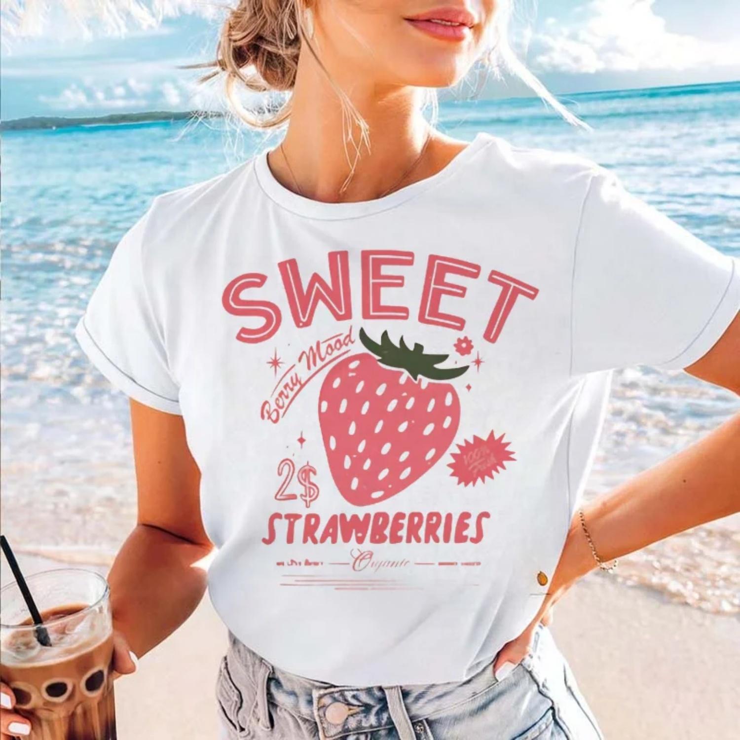 

Pattern Casual Versatile Kawaii Top 90s Women s 2025 Cartoon Clothing Short Sleeved Sweet Strawberry Print Women s New T-Shirt XXXXXL