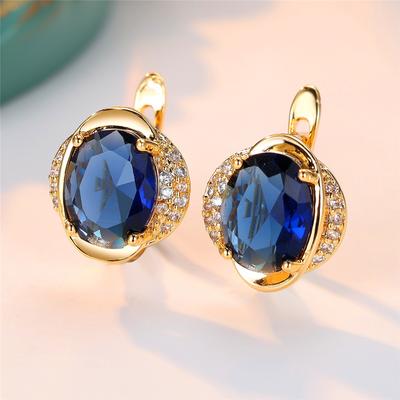 Trendy Crystal Blue Zircon Oval Stone Hoop Earrings For Women Vintage Gold Color Wedding