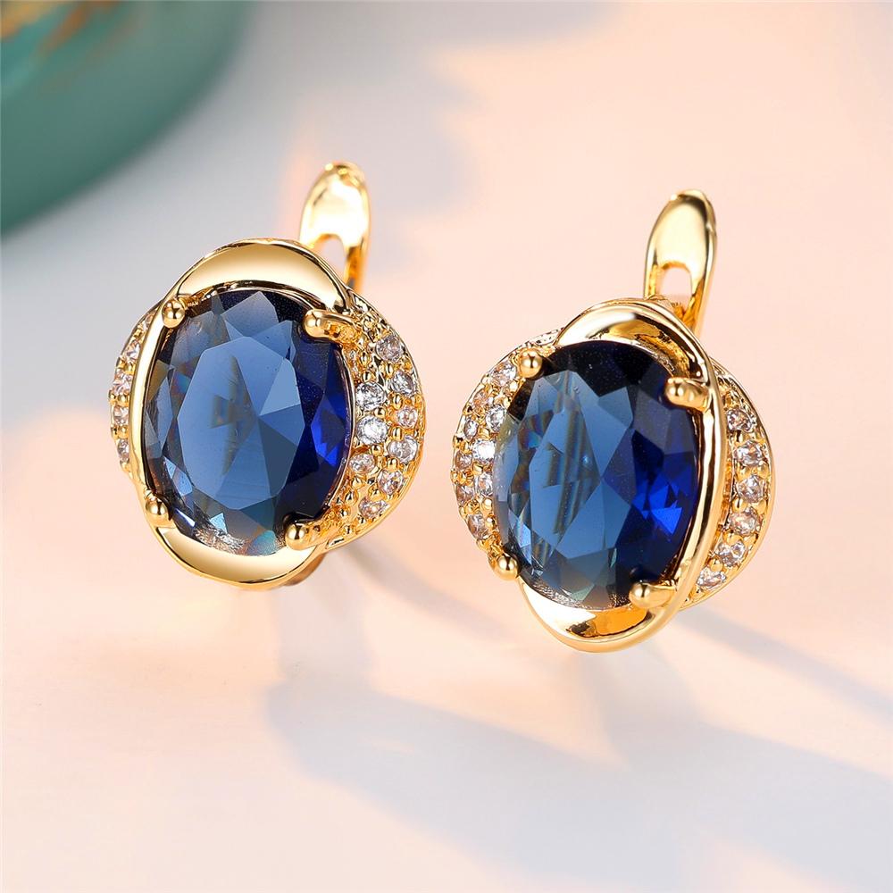 Trendy Crystal Blue Zircon Oval Stone Hoop Earrings For Women Vintage Gold Color Wedding