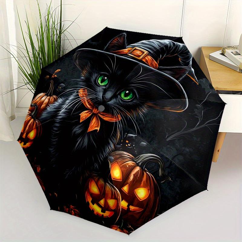 1pc Halloween Black Cat with Pumpkins Umbrella with Plastic Handle,Suitable for All Seasons Home Travel Outdoor UmbrellaM1197