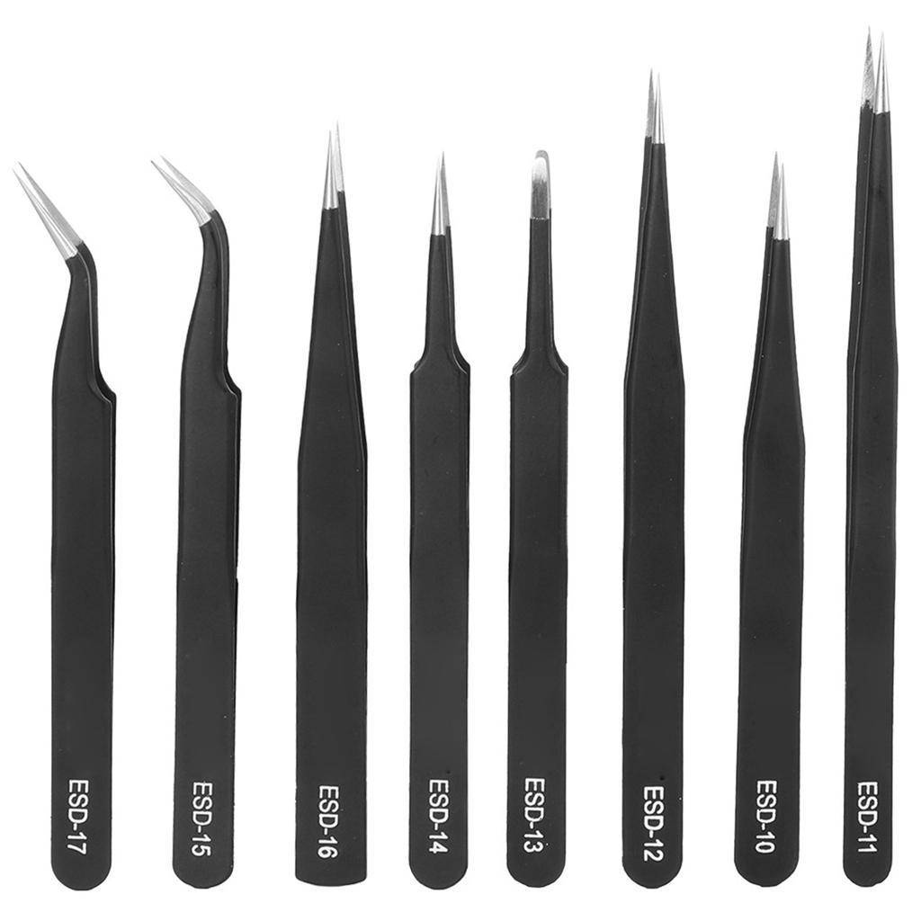 8Pcs Tweezers Stainless Steel Slant Professional Pneumatic Accurate Set ESD1017