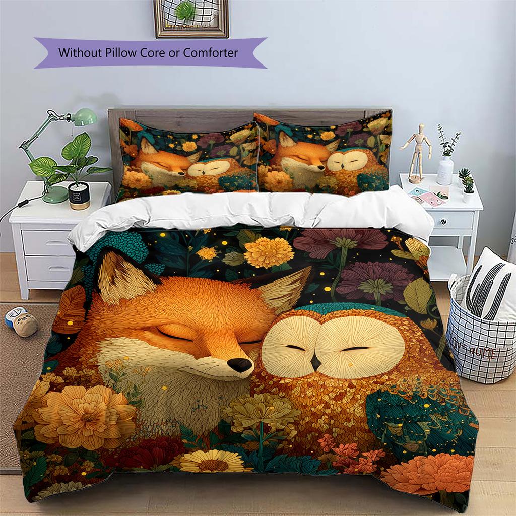 Owl and Fox Pattern Bedding Quilt Set Quilt Cover Pillowcase Home Decoration Gift (1 * Duvet Cover + 2 * Pillowcase, Without Core)