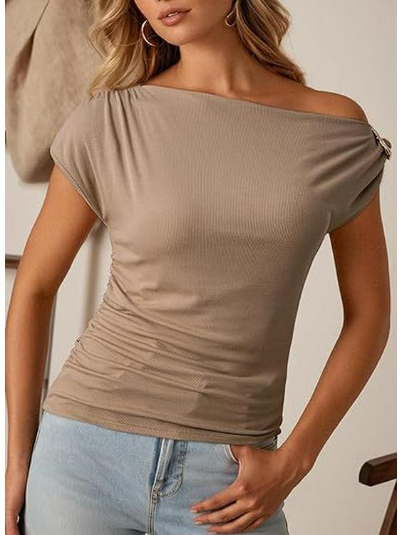 2026 European & American Off-Shoulder Cinched Waist Fashion Pullover Women's T-Shirt