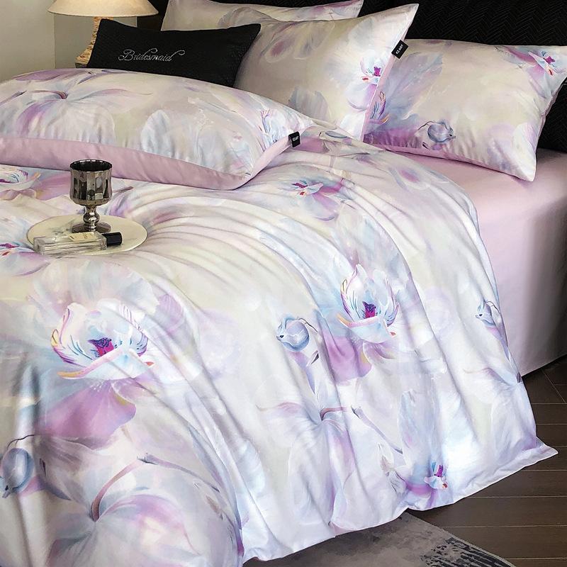 French Pastoral Oil Painting Style 100S Pure Cotton Satin Long-Staple Cotton Four-Piece Digital Printing Bedding
