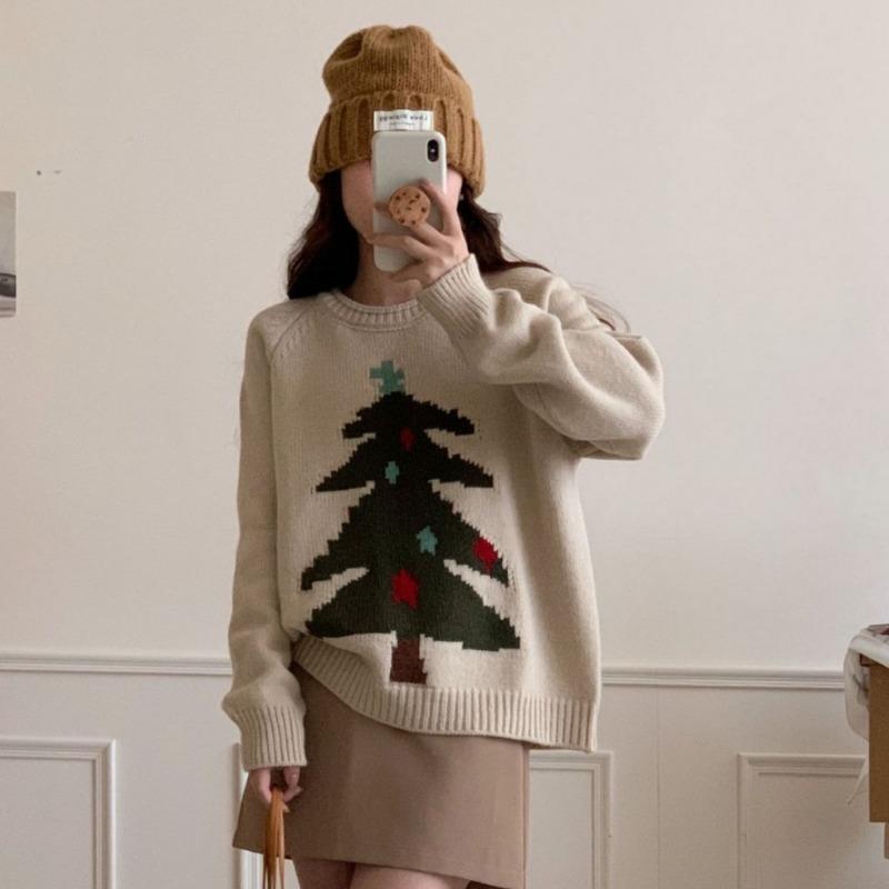 Crew Neck Red Christmas Tree Pullover Sweater Women's Autumn and Winter New Loose and Versatile Thickened Knitted Sweater Top