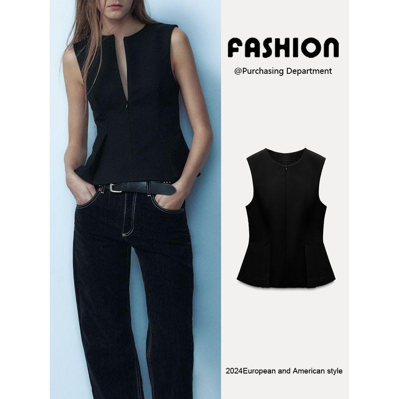 Za2025 Spring New Women's Clothing Short Skirt Hem Pleated round Neck Sleeveless Waist Trimming Versatile Tops 2180010