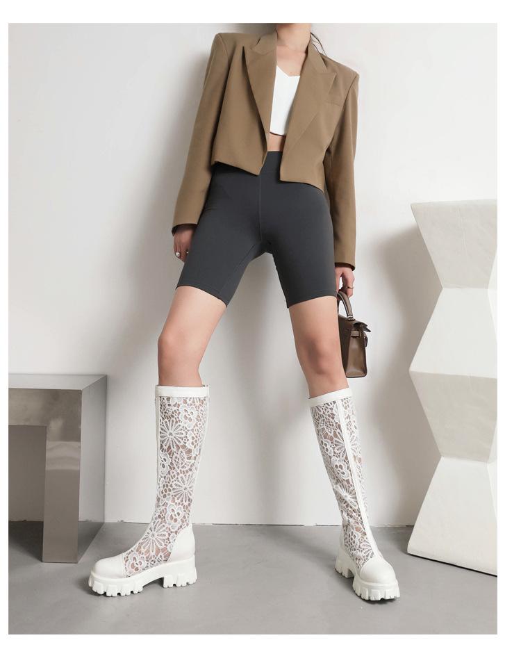 Versatile Platform Mesh Round Toe Thick Sole Long Boots, Slimming High Top, Plus Size 34-43