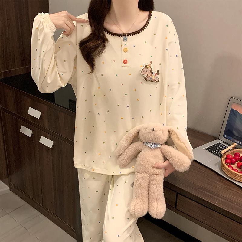 Women's Cute Polka Dot Pajama Set with Built-in Bra, Long Sleeve, Versatile for Indoor & Outdoor Wear - Spring/Autumn 2026 Collection