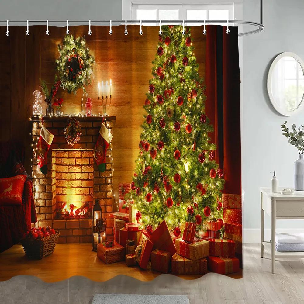 Zima Vánoce Sprchový závěs Legrační sněhulák Xmas Trees Krbové auto Lesní Snowy Scéna Nový rok Holiday Home Dekorace koupelny