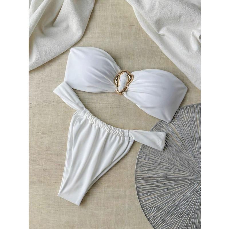 Women S Metal Ring Strapless Solid Color Two Piece Bikini Swimsuit