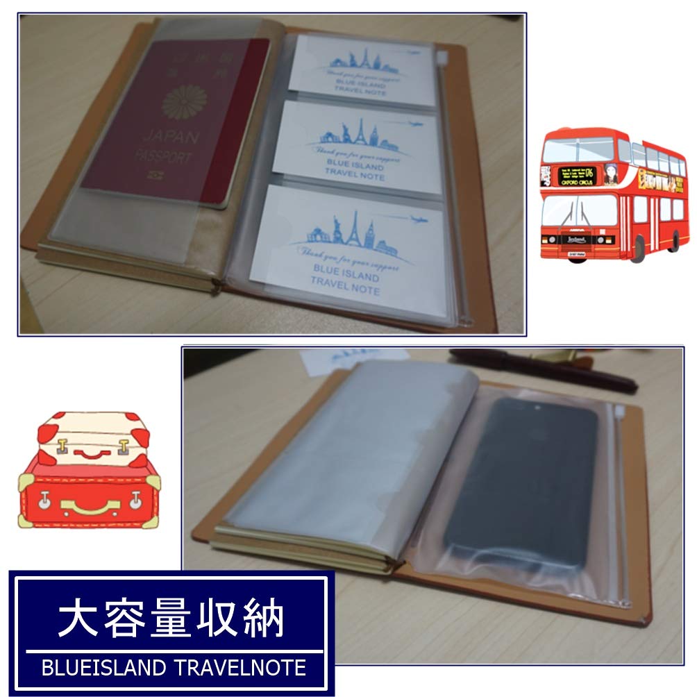 Blue Island Travel Notebook, Leather Notebook, Planner, Diary, and System Planner with 2 Refills, Zipper Case, and Card Case (Indigo Navy)