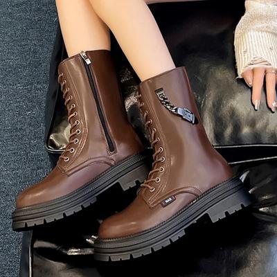 Chaussures tendance pour femmes 2024, bottes hautes à fermeture éclair latérale, lacets croisés, pour le bureau et la carrière, nouvelles bottes mi-mollet à chaîne