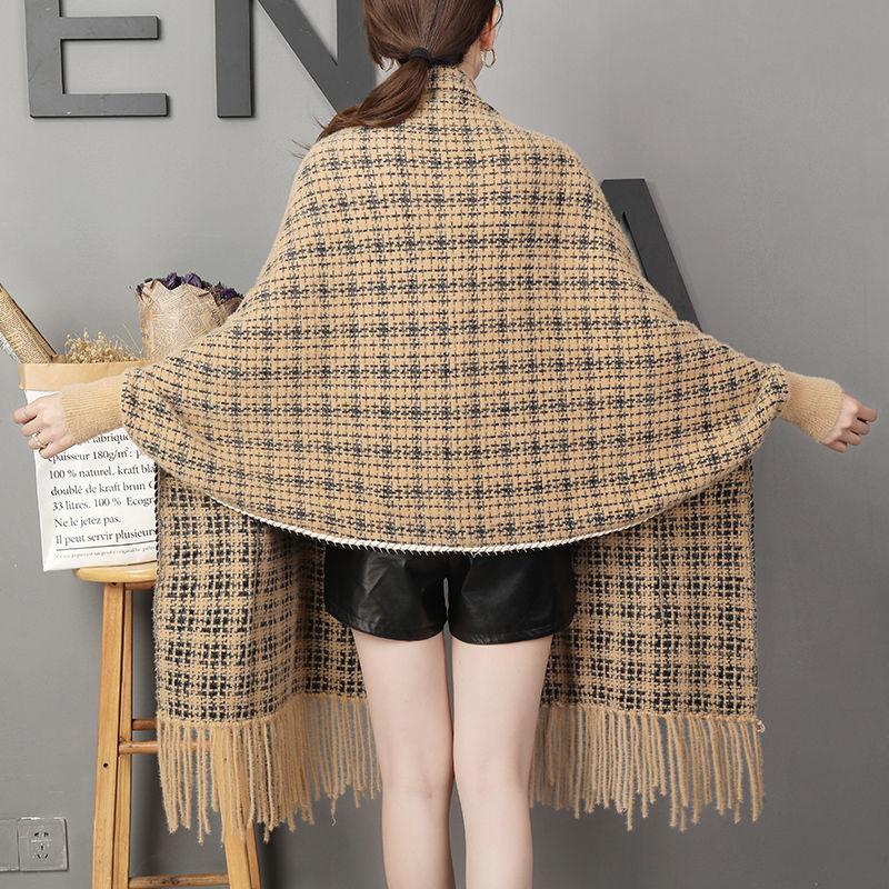 

Шаль женская повседневная клетчатая кофта с кисточками свободная модная верхняя одежда с карманами кисточками накидка для тепла one size хаки