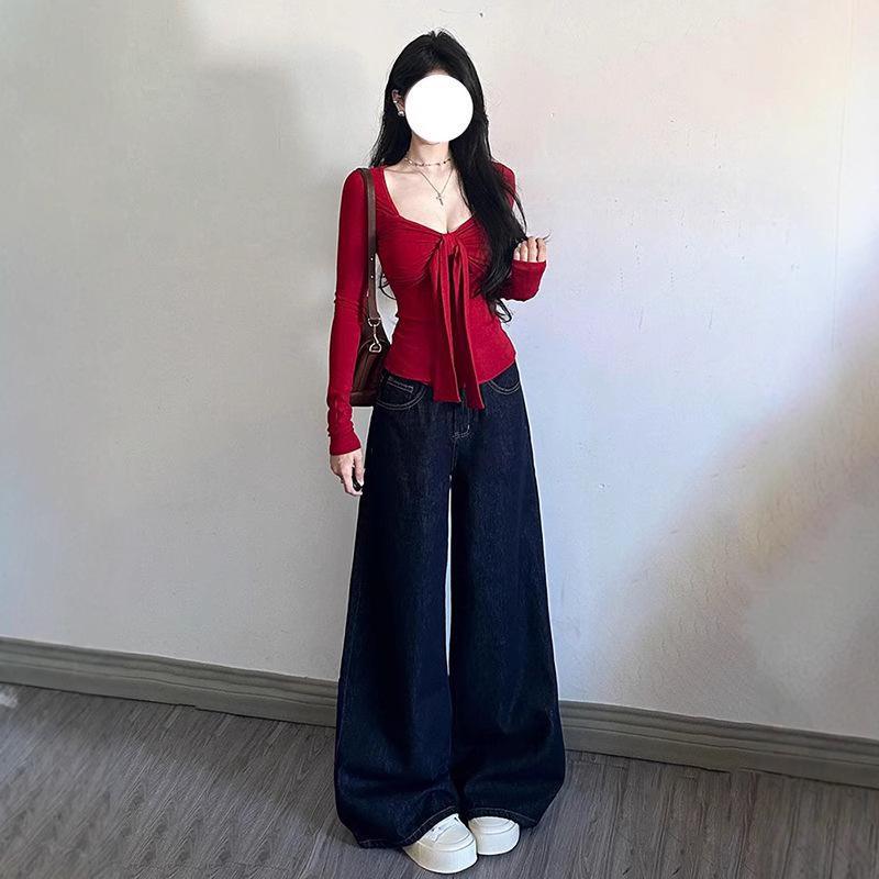 Women's Dark Blue High Waist Wide Leg Jeans - Retro, Slimming, Floor-Length
