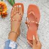 Women's Summer Flat Square-Toe Thong Slide Sandals With Stud Detail, Beach Casual Footwear, Available In Large Sizes.