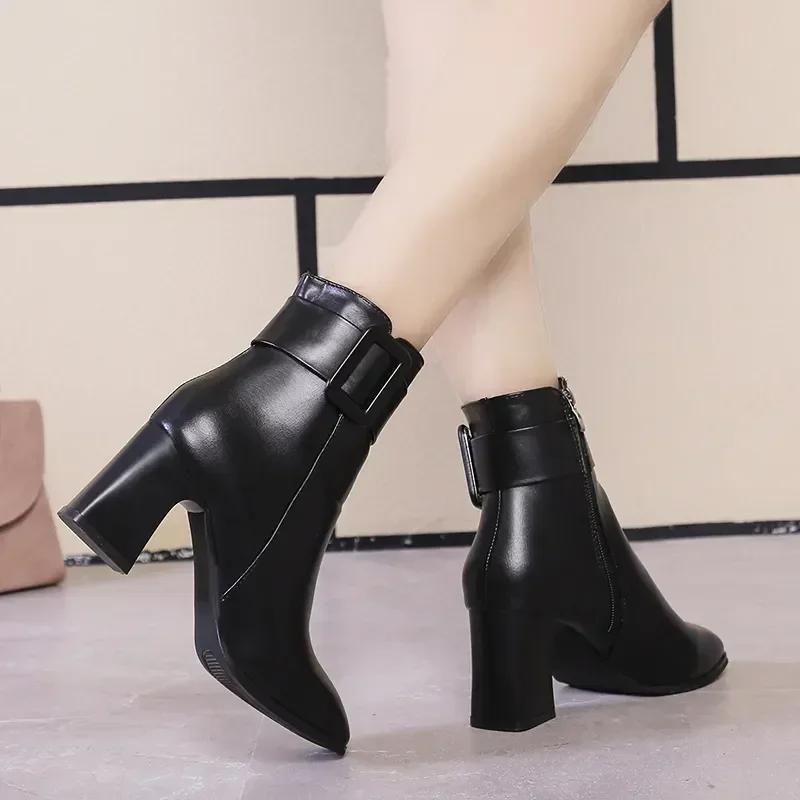 White Black Thick High Heel Ankle Boots Women 2025 Pointed Toe Keep Warm Elegant Short Booties Ladies Ankle Buckle Decoration