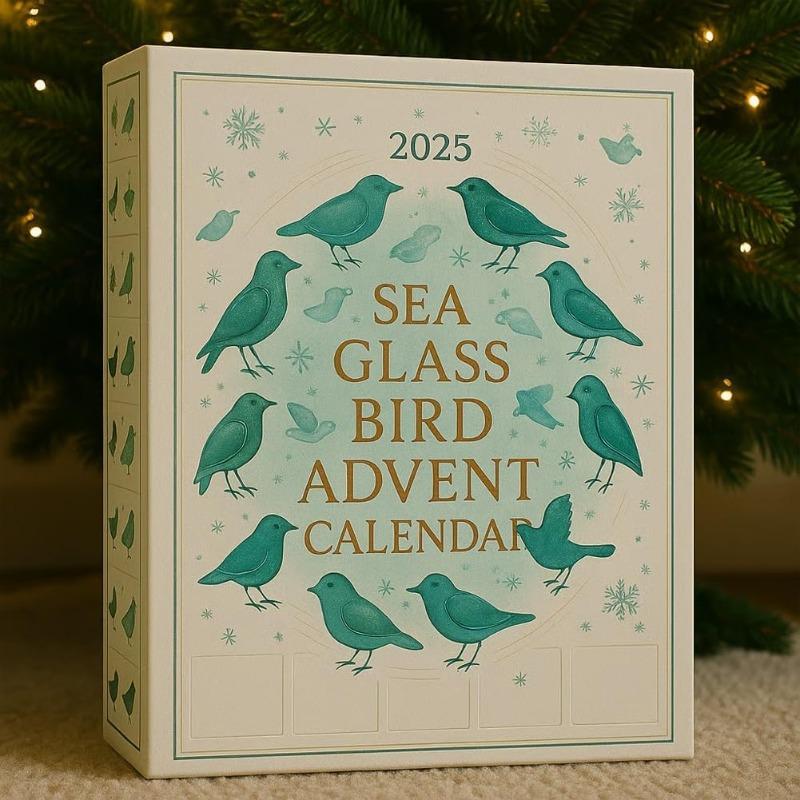 2D Flat Arcylic Sea Glass Bird Advent Calendar 2025, 24 Day Coastal Christmas Countdown with Handcrafted Sea Glass Ornaments, for Beach Nature Lovers