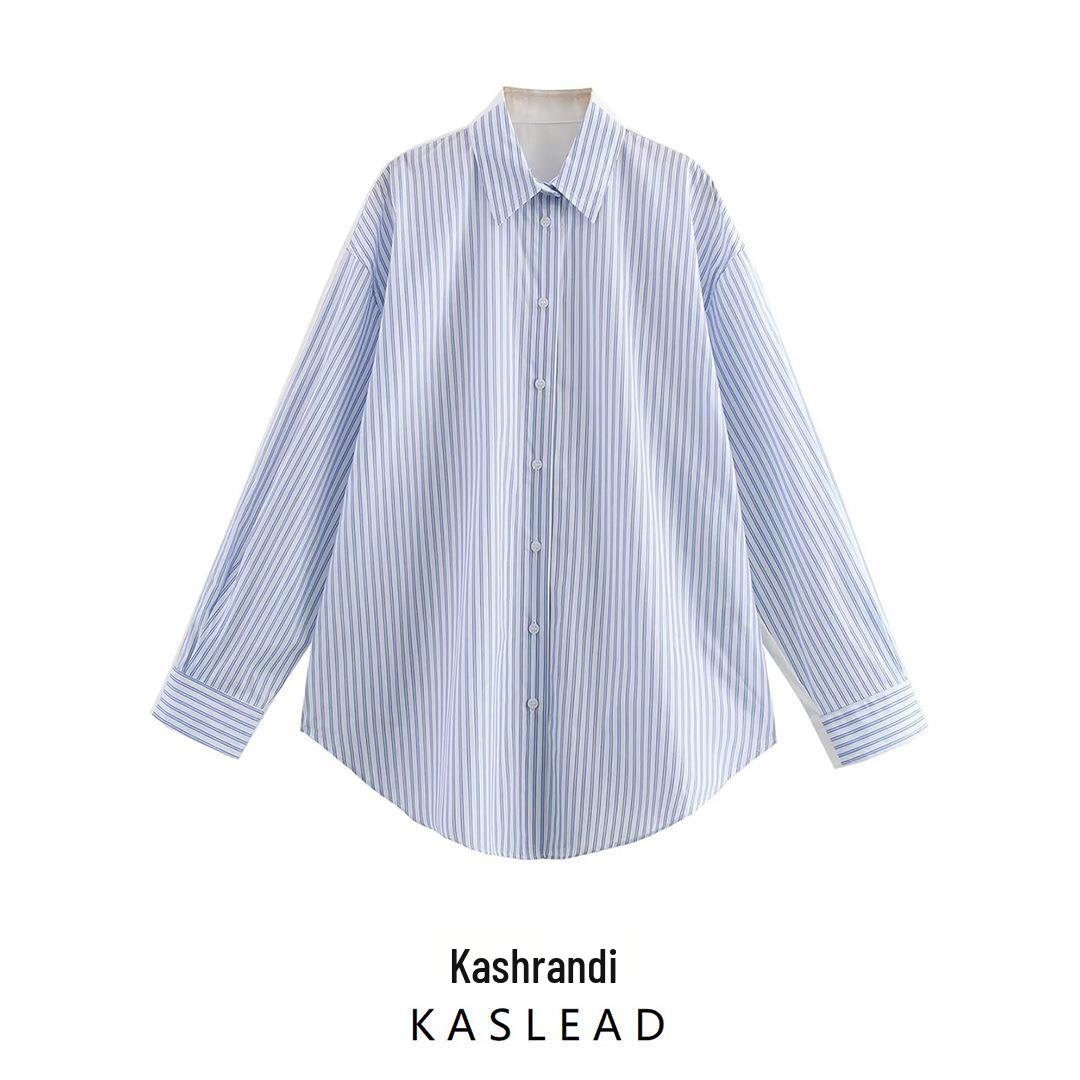

2025 Spring European & American Style Women s Striped Poplin Loose Long Sleeve Shirt Large синій
