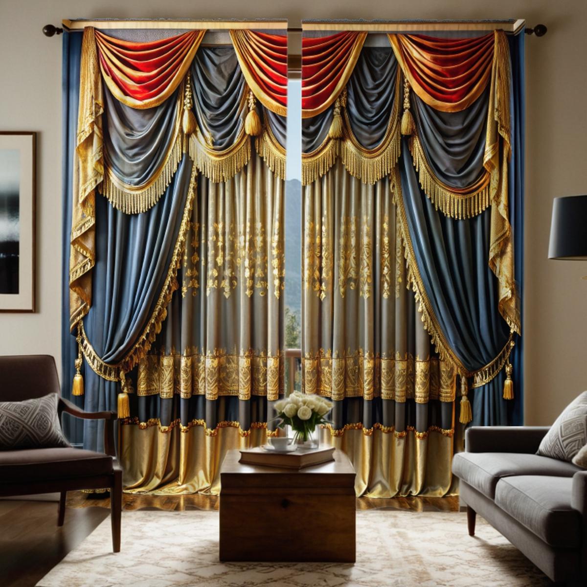 

2 pieces of HD digital curtain printing simulation valance blue atmospheric luxury pattern embroidery splicing European and Amer W52H63inchW132H160cm