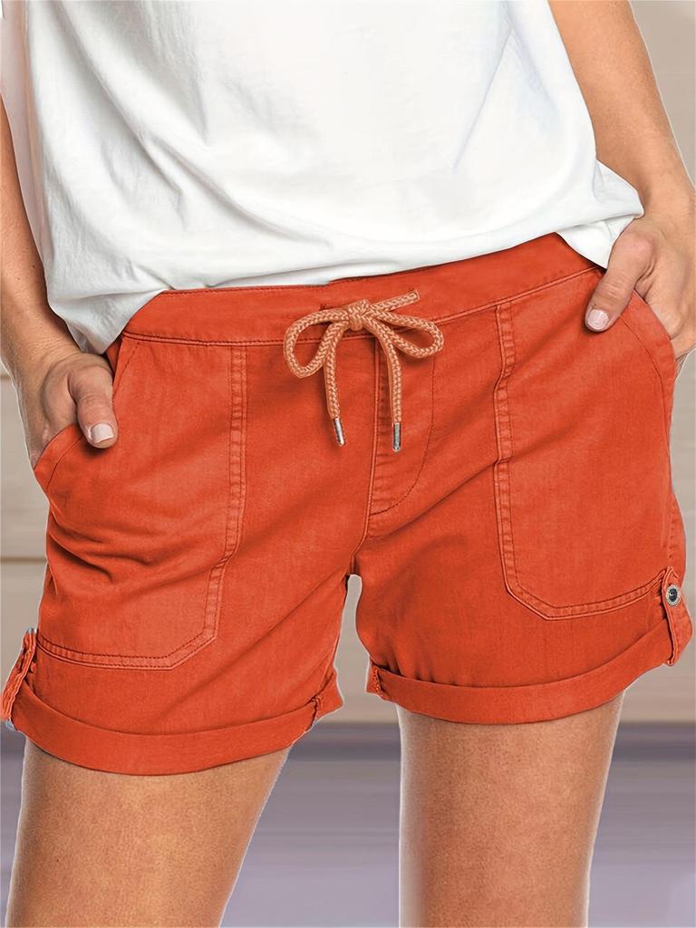 2025 Women's Casual Solid Color Straight-Leg Lace-Up Shorts