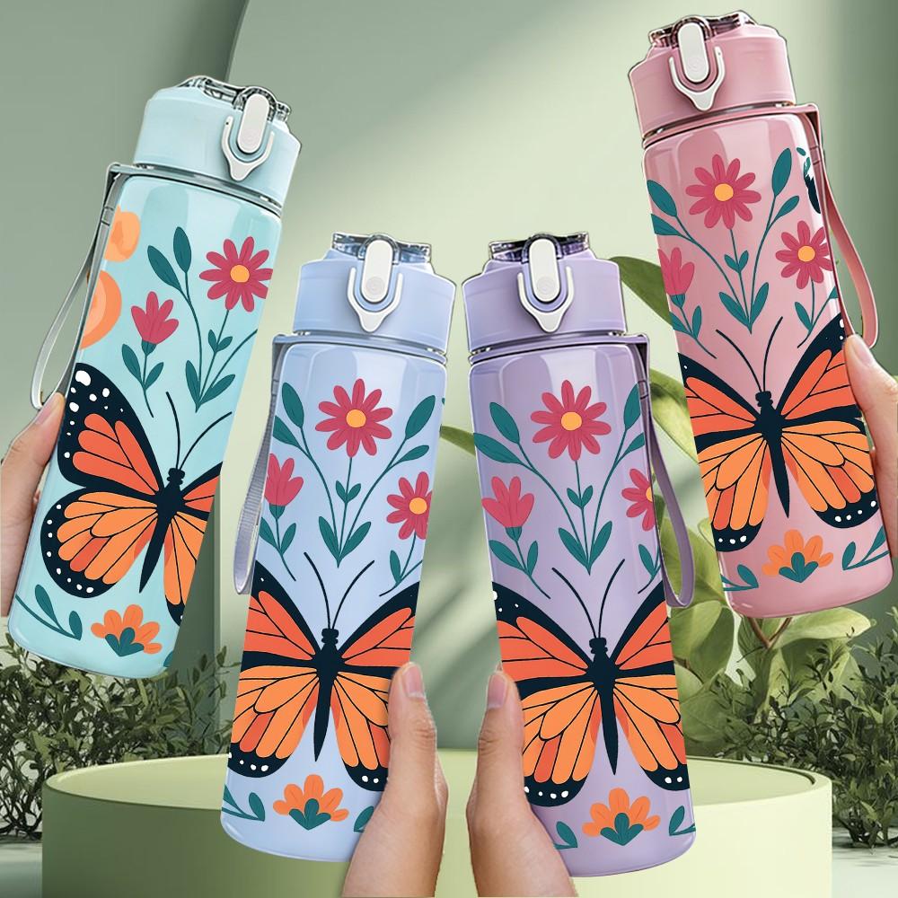 1PC Colorful Butterfly Floral Pattern 750ml Color Plastic Sports Water Bottle Leakproof Flip Straw Lid Suitable for Sports Office Home Use
