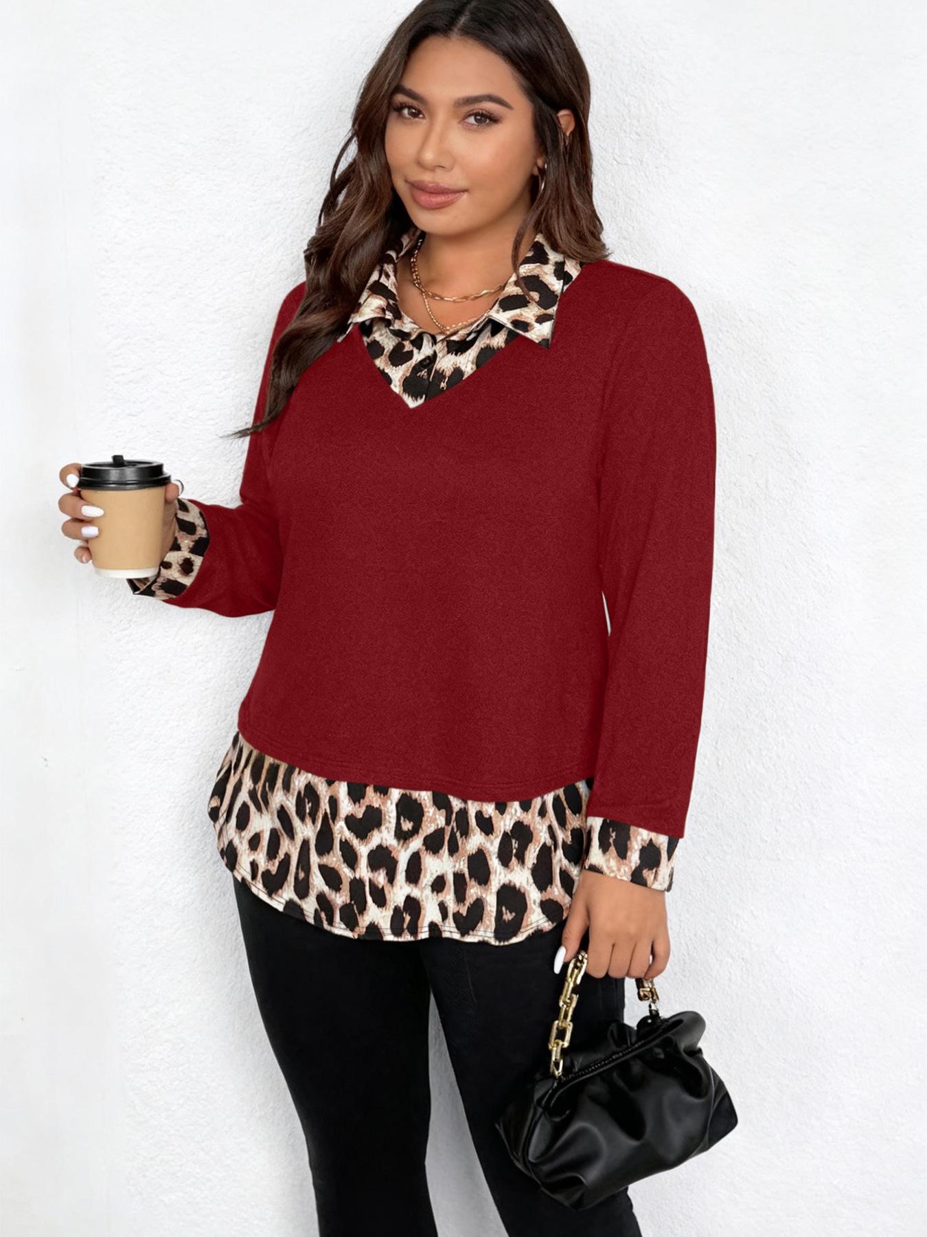 

2026 American Spicy Girl Leopard Print Patchwork Long Sleeve T-shirt, Women s Spring Slim Fit European and American Style Top M червоний