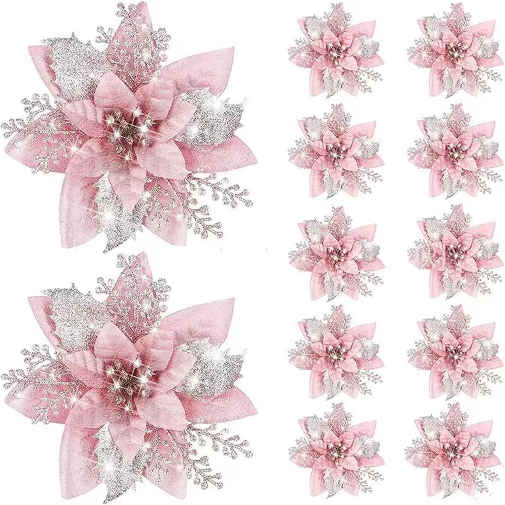13cm Glitter Artifical Christmas Flowers Merry Christmas Tree Decoration Happy New Year Ornaments Xmas Fake Flowers Gifts