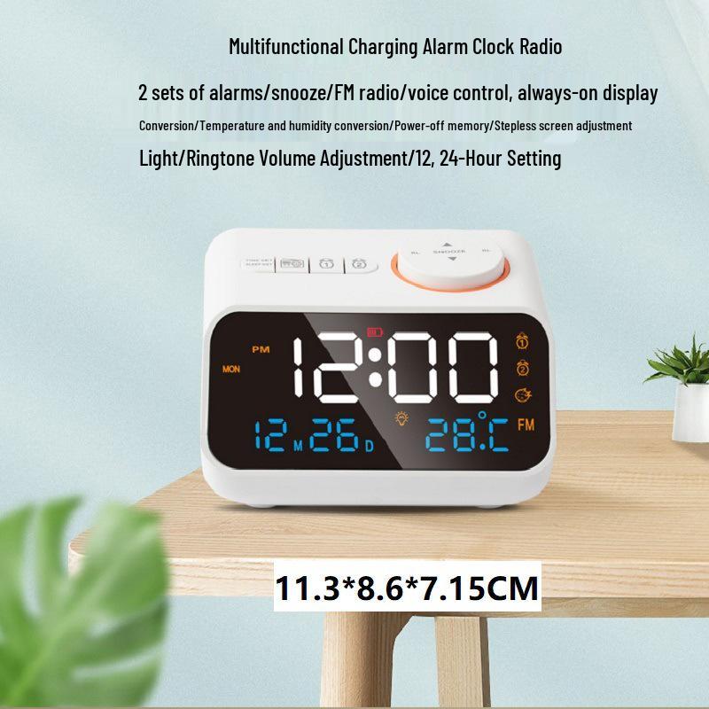 LED Voice-Controlled Alarm Clock Radio with FM, Temperature, and Humidity Display.