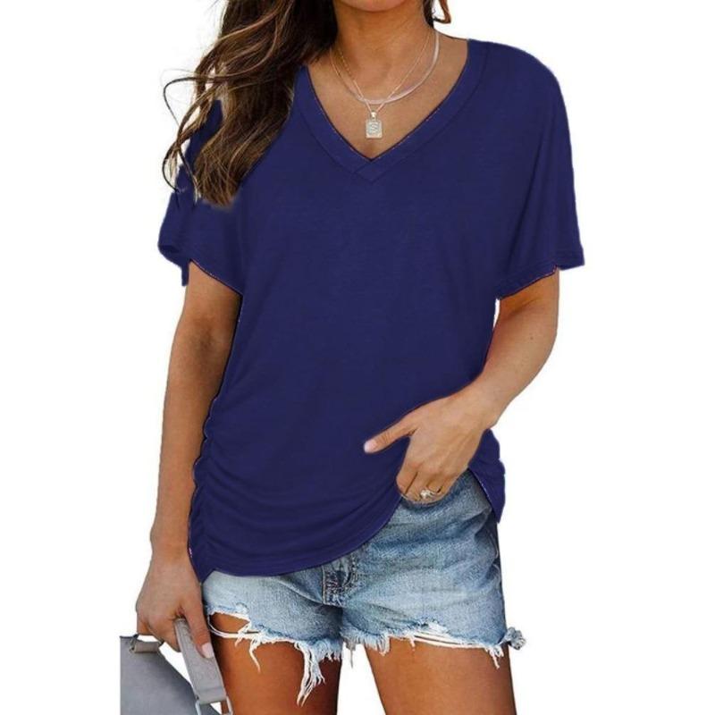 Women Casual Summer T Shirt V Neck Short Sleeve Solid Color Top Clothing