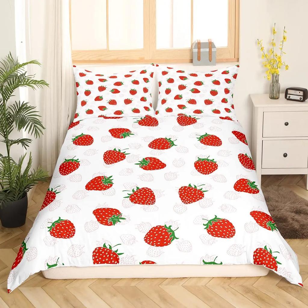Sweet Strawberry Bedding Set Duvet Cover for Kids Children Teens Comforter Cover Bed Room Decor Pink Quilt Cover 3Pcs Full Size
