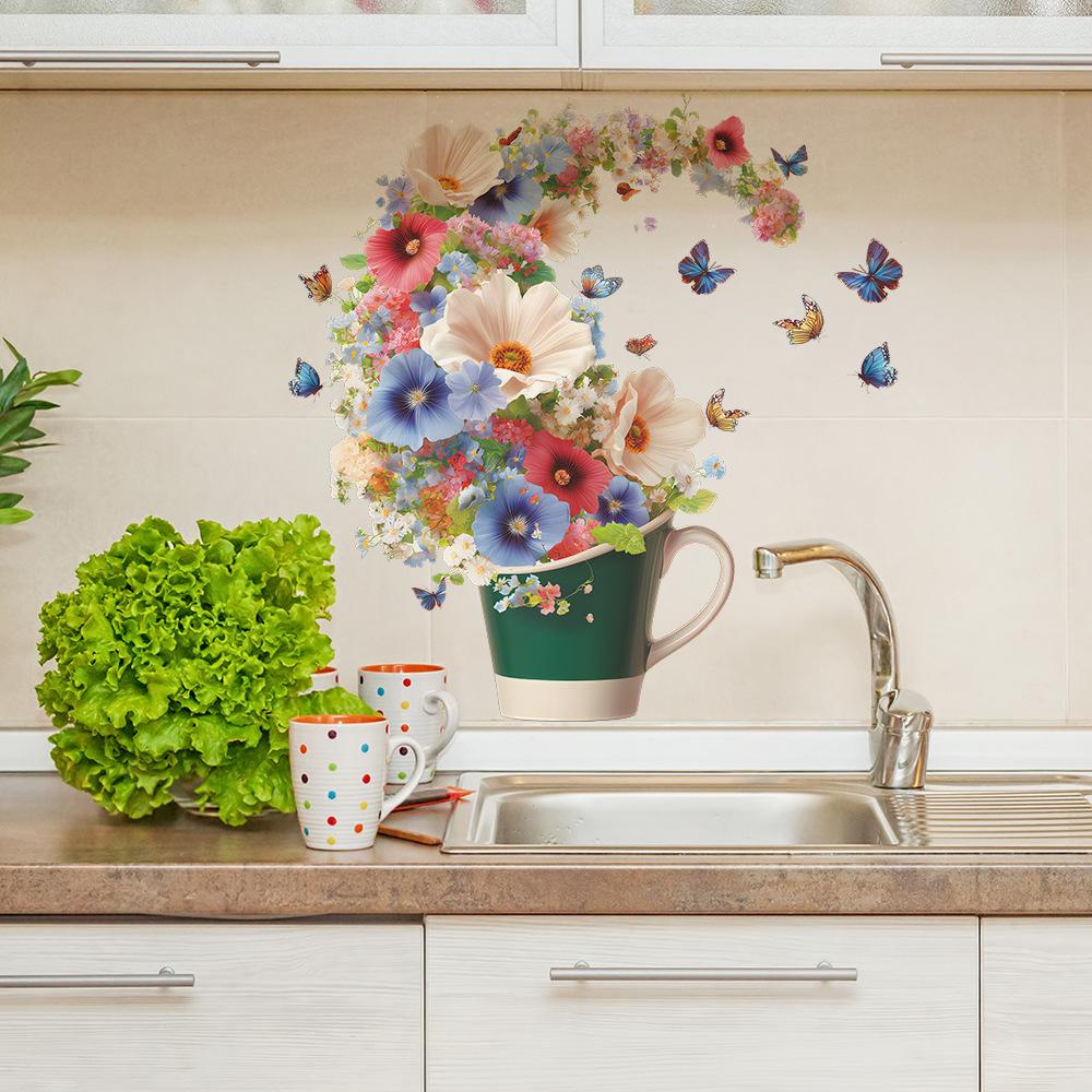 Colorful Flower and Butterfly Dance Stickers for Restaurant, Kitchen, Home Decoration and Beautification Walls