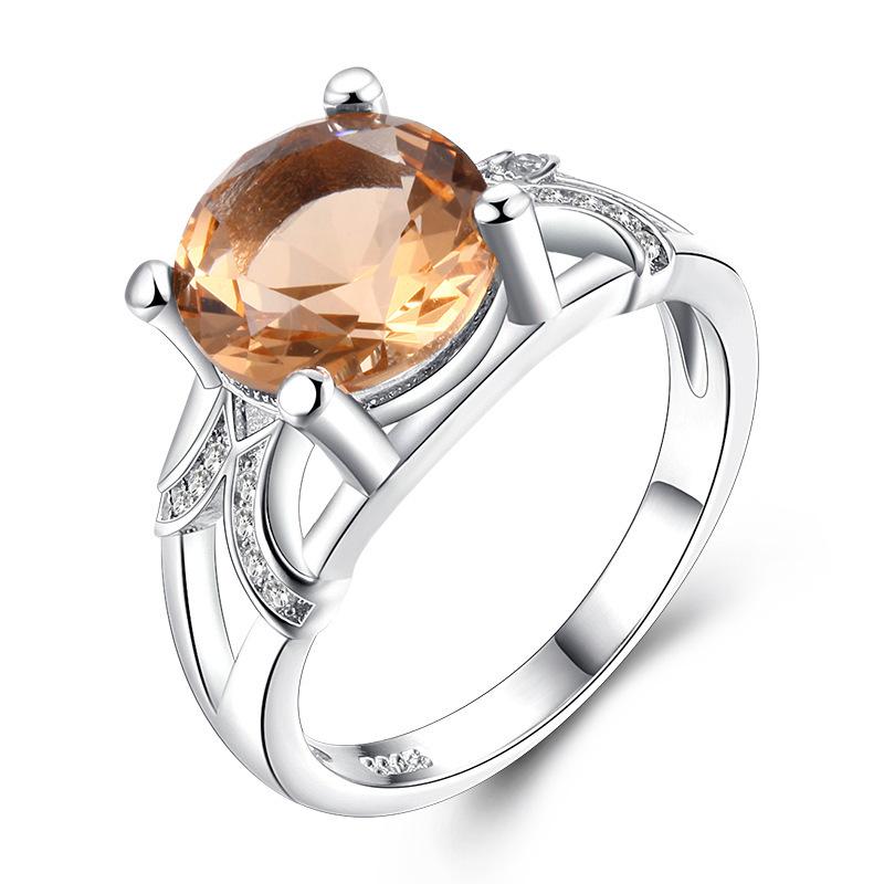 Champagne Ring 9 Silver Plated Round Microplated White Gold Ring Popular Jewelry Crystal Zircon Yellow