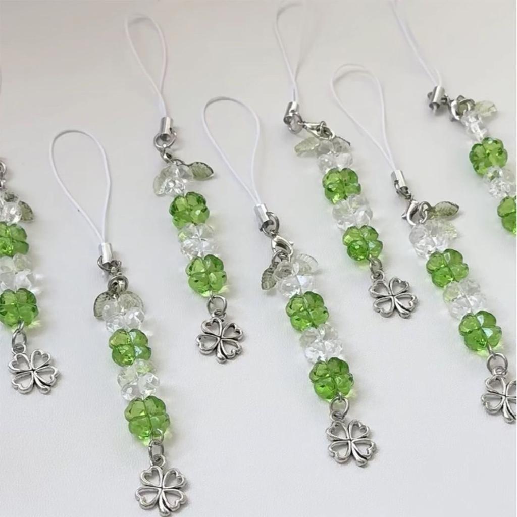 Handcrafted Beaded Four Leaf Clover Phone Charm Fashion Keychain Bag Hanging Accessory for Good Luck and Happiness